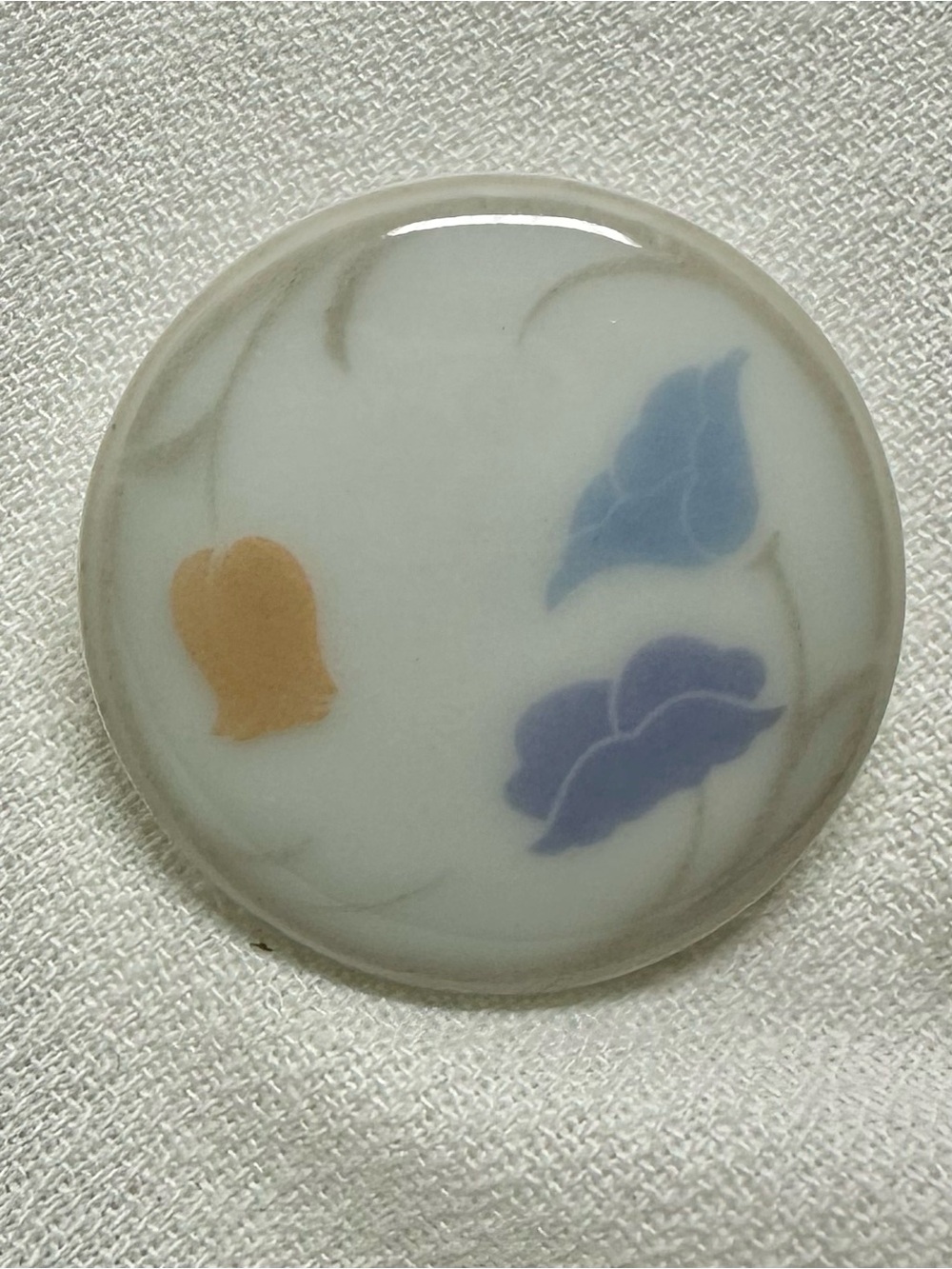 Dansk Porcelain Floral Round Brooch Blue & Peach Flowers- 1 1/2”